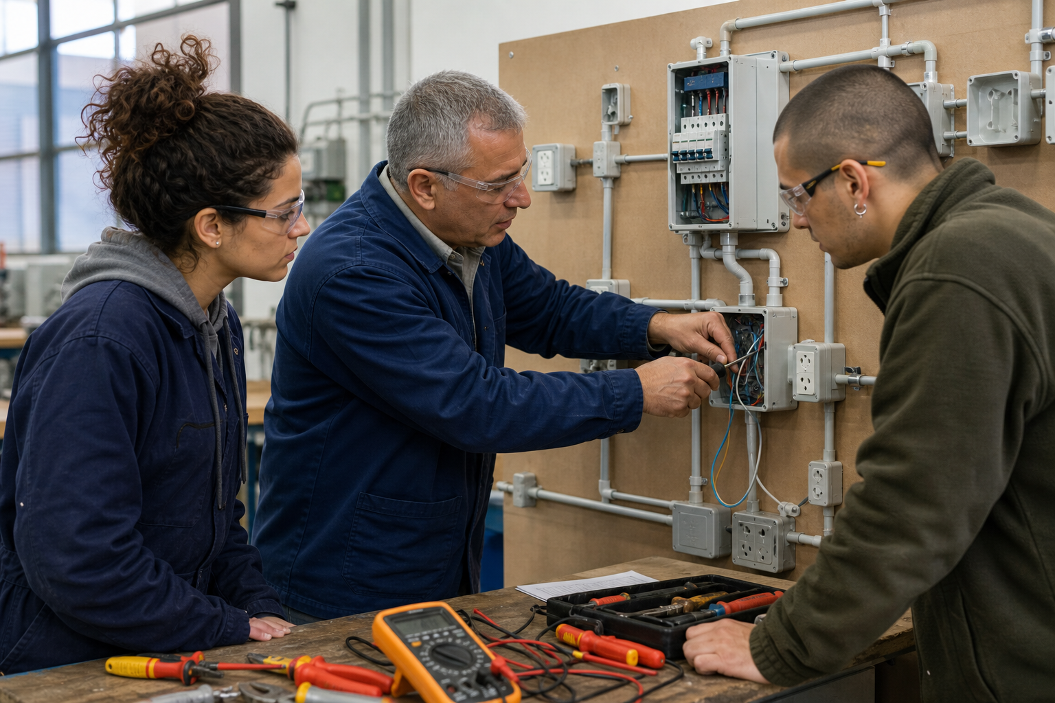 Estudiantes aprendiendo electricidad domiciliaria en taller