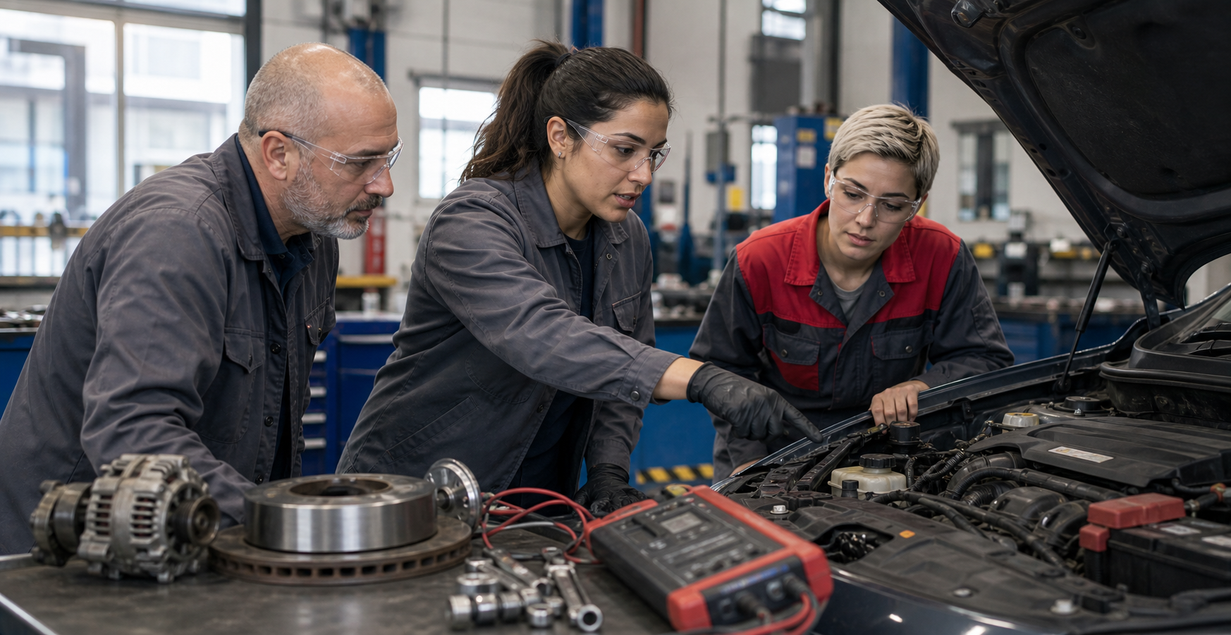 Estudiantes aprendiendo mecánica básica en un taller automotriz