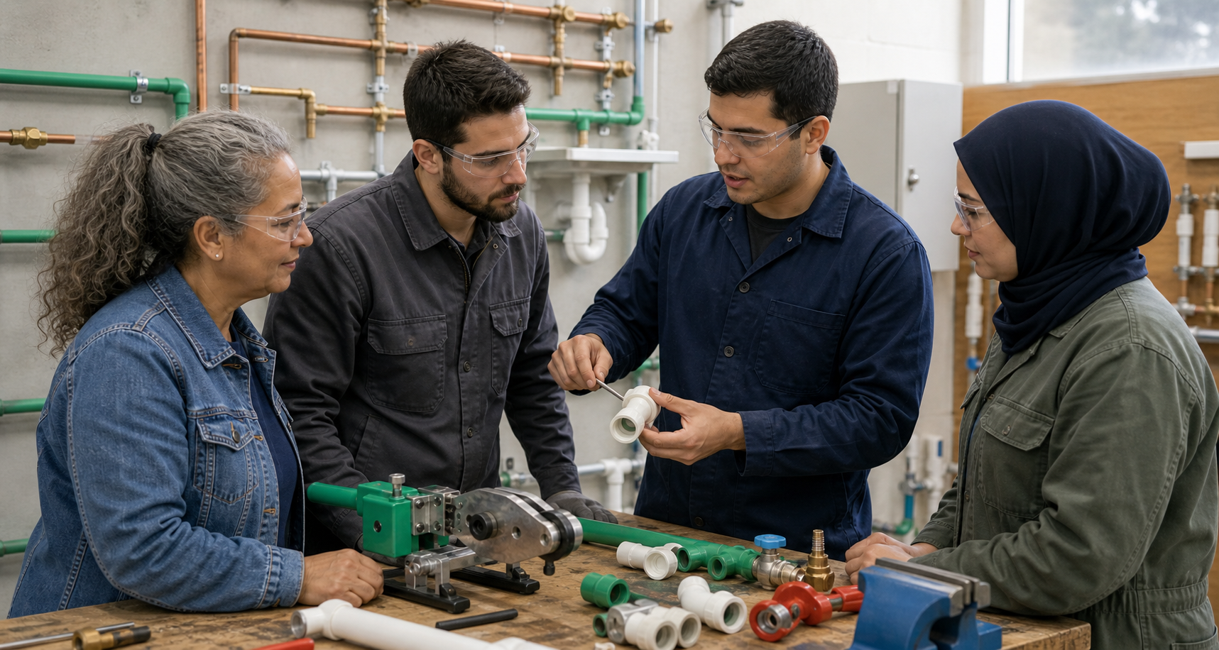 Estudiantes aprendiendo plomería con cañerías y conexiones en taller