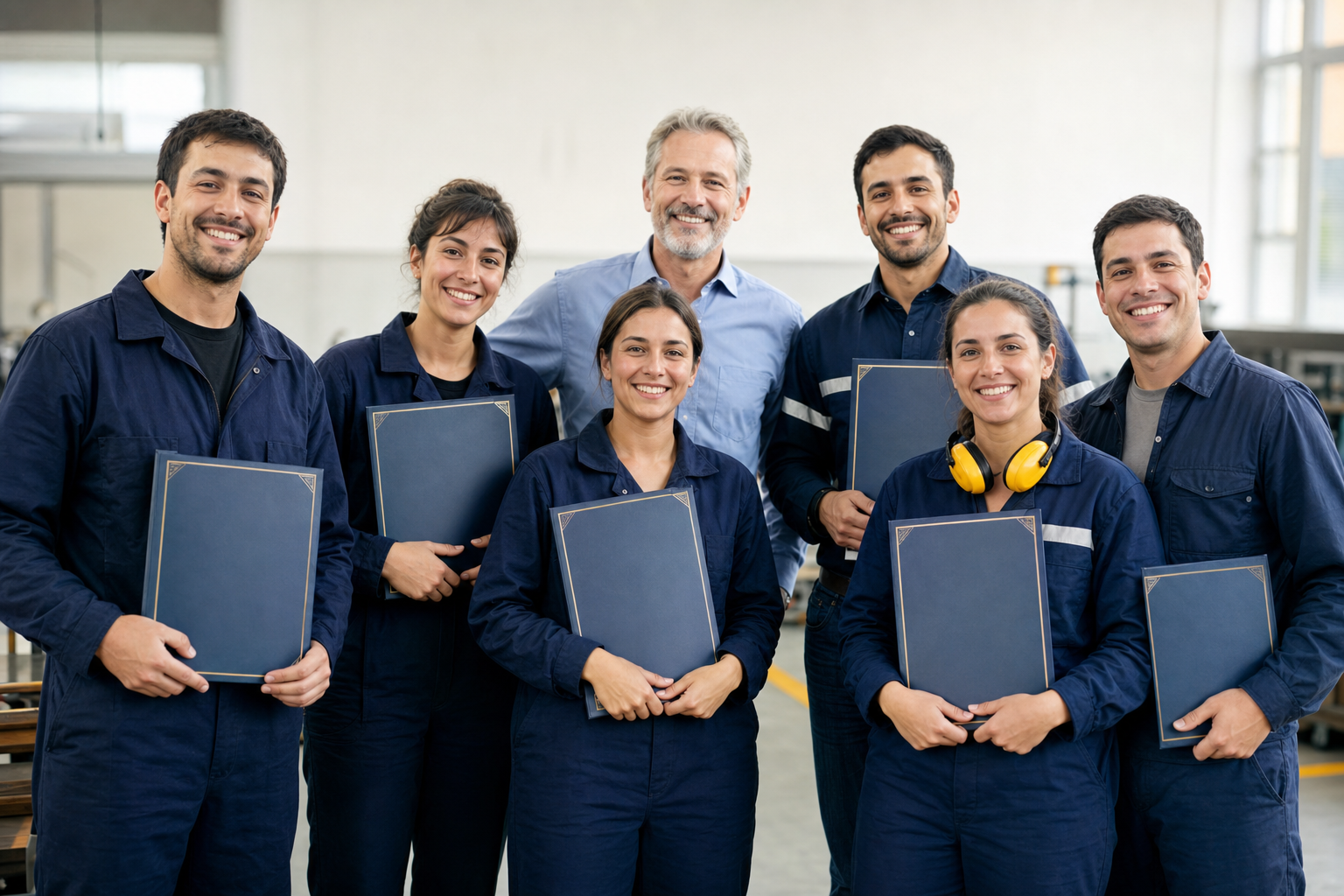 Grupo de egresados de una academia de oficios con sus diplomas